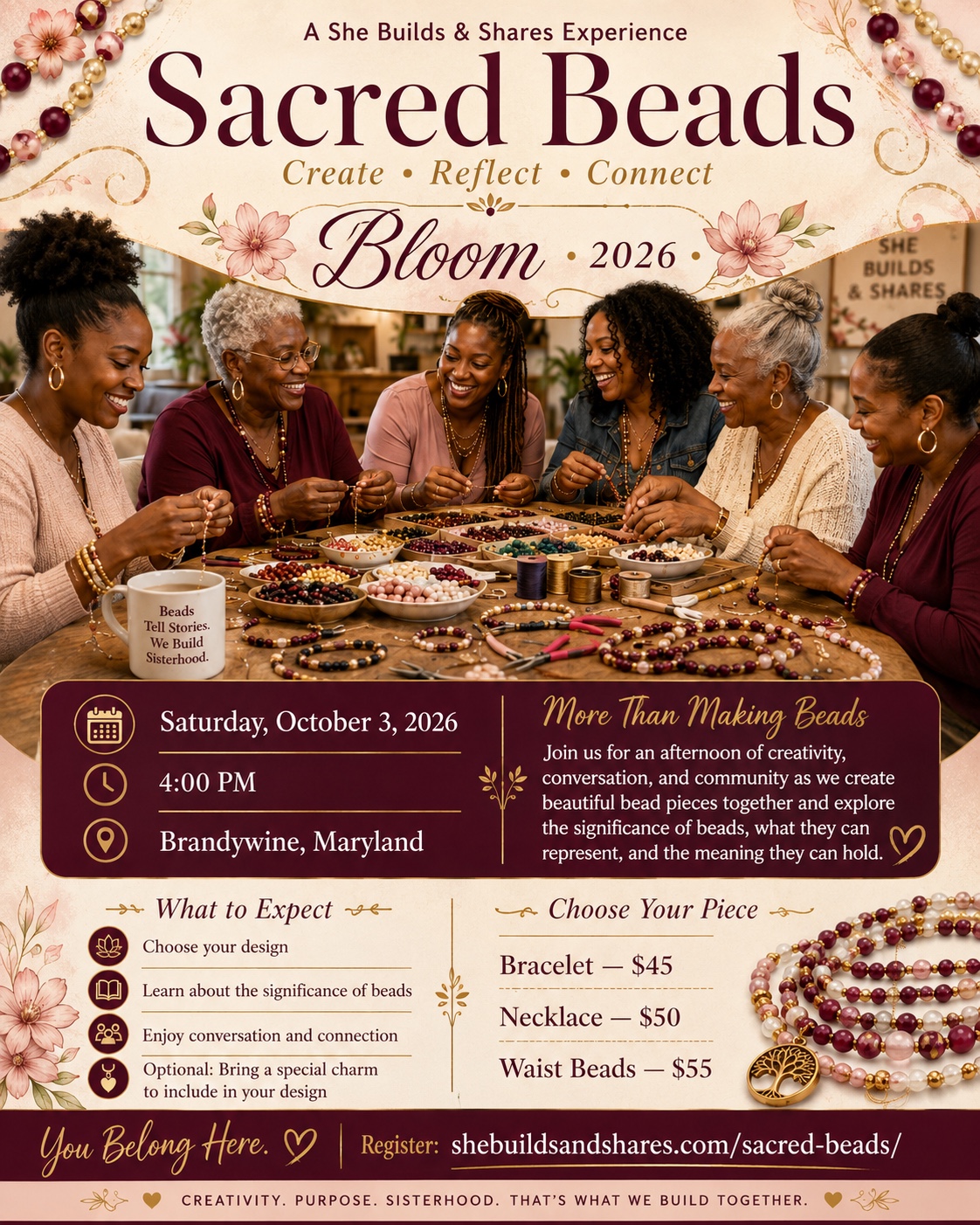 Sacred Beads Bloom 2026 event flyer for a creative bead-making gathering on October 3, 2026, in Brandywine, Maryland.