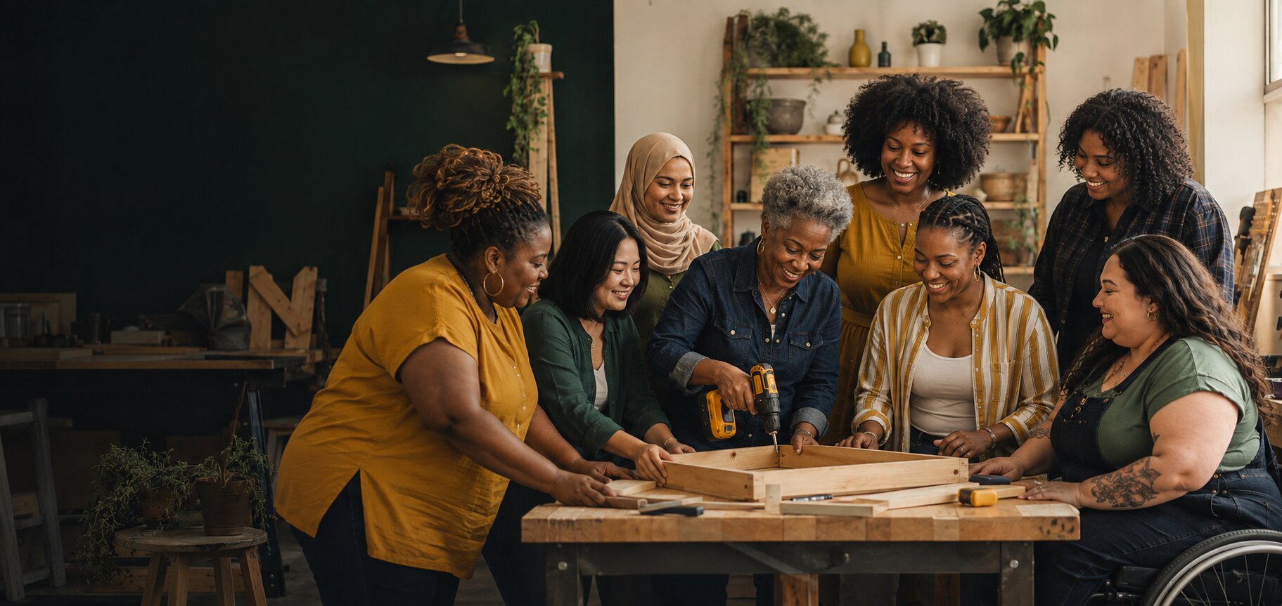 A diverse group of women learning practical home improvement skills together