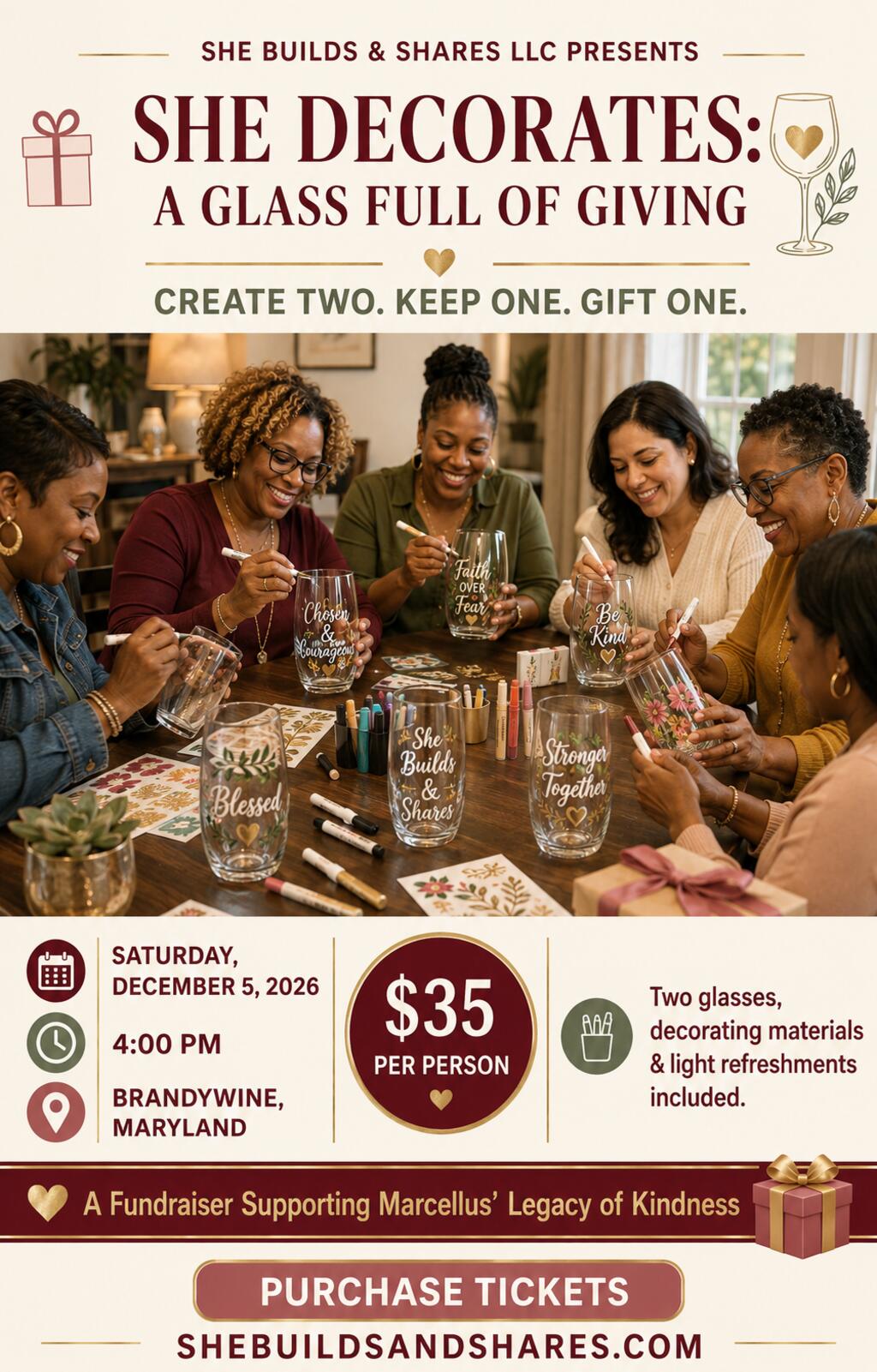 She Decorates: A Glass Full of Giving event flyer for a glass-decorating fundraiser on December 5, 2026, at 4:00 PM in Brandywine, Maryland.