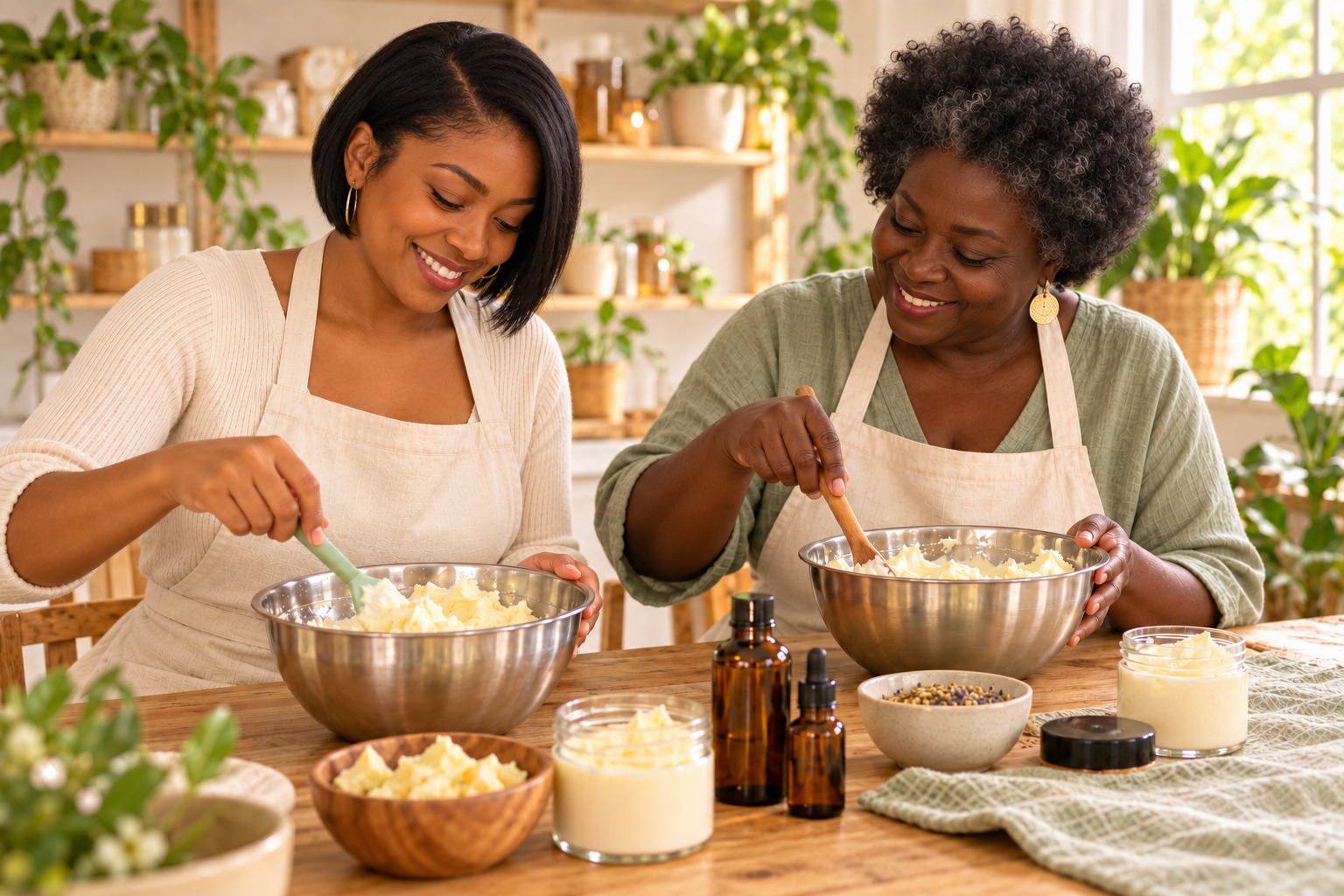 Two women with distinct faces and medium and deep brown complexions, one with an asymmetrical bob and one with a natural afro, mixing shea body butter.