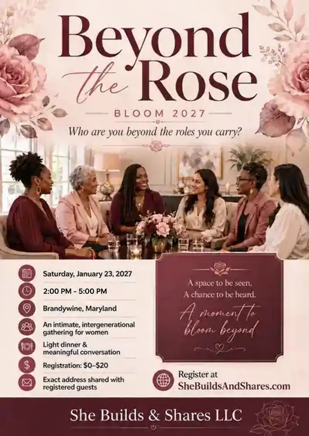 Beyond the Rose event flyer for Saturday, January 23, 2027, from 2:00 to 5:00 PM in Brandywine, Maryland.