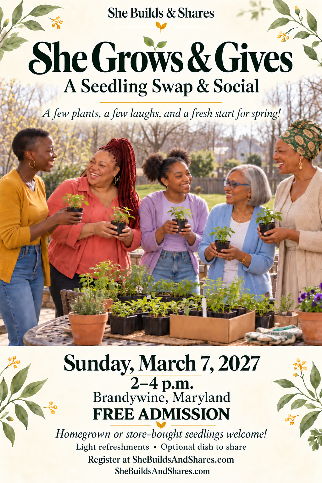 Five women sharing seedlings outdoors. She Grows & Gives, Sunday March 7, 2027, 2–4 p.m., Brandywine, Maryland. Free admission, light refreshments, optional dish to share. Register at SheBuildsAndShares.com.