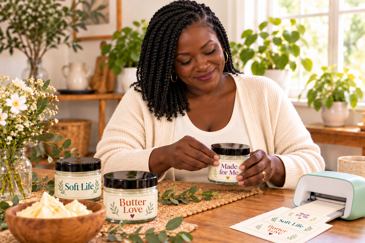 A woman with dark brown skin and shoulder-length black braids applying a professionally designed Made for Me label to her shea body butter jar.