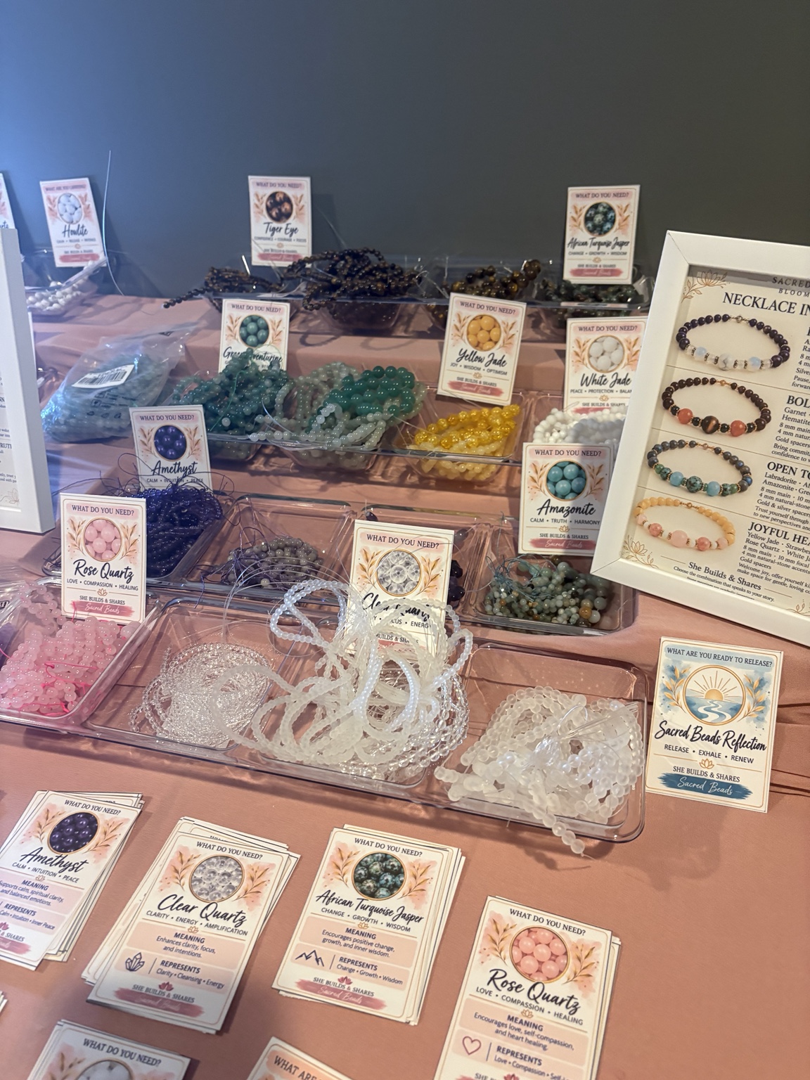 Colorful beads and cords displayed with information cards at Sacred Beads.